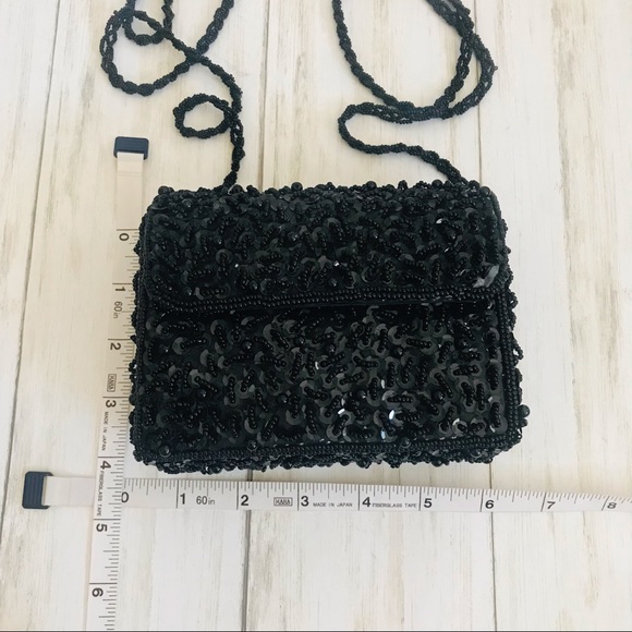 Black Sequined & Beaded Handbag with Long Beaded Strap - Picture 10 of 11